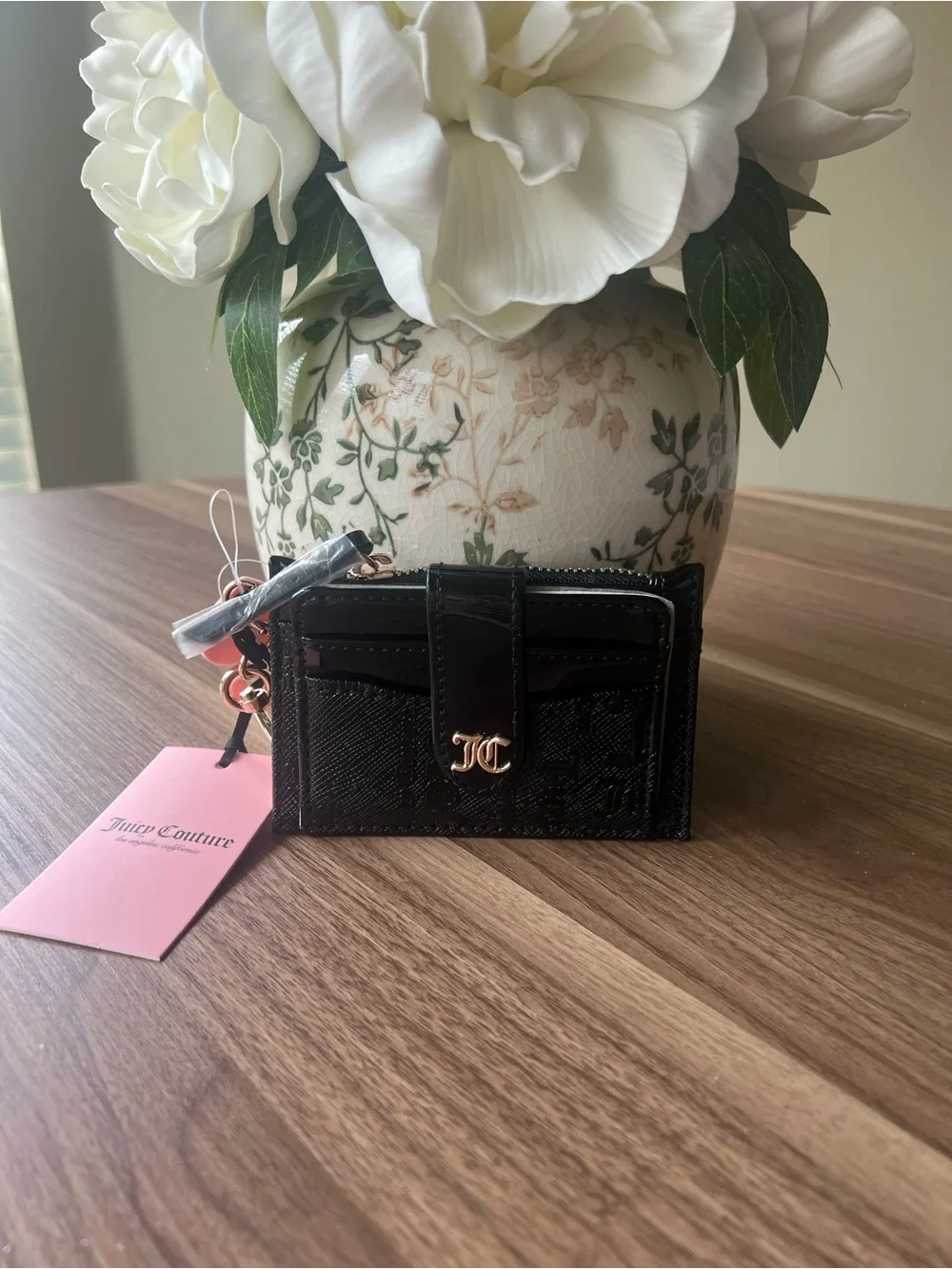 Juicy Couture Black Patent Logo Card Holder with Pink Charm